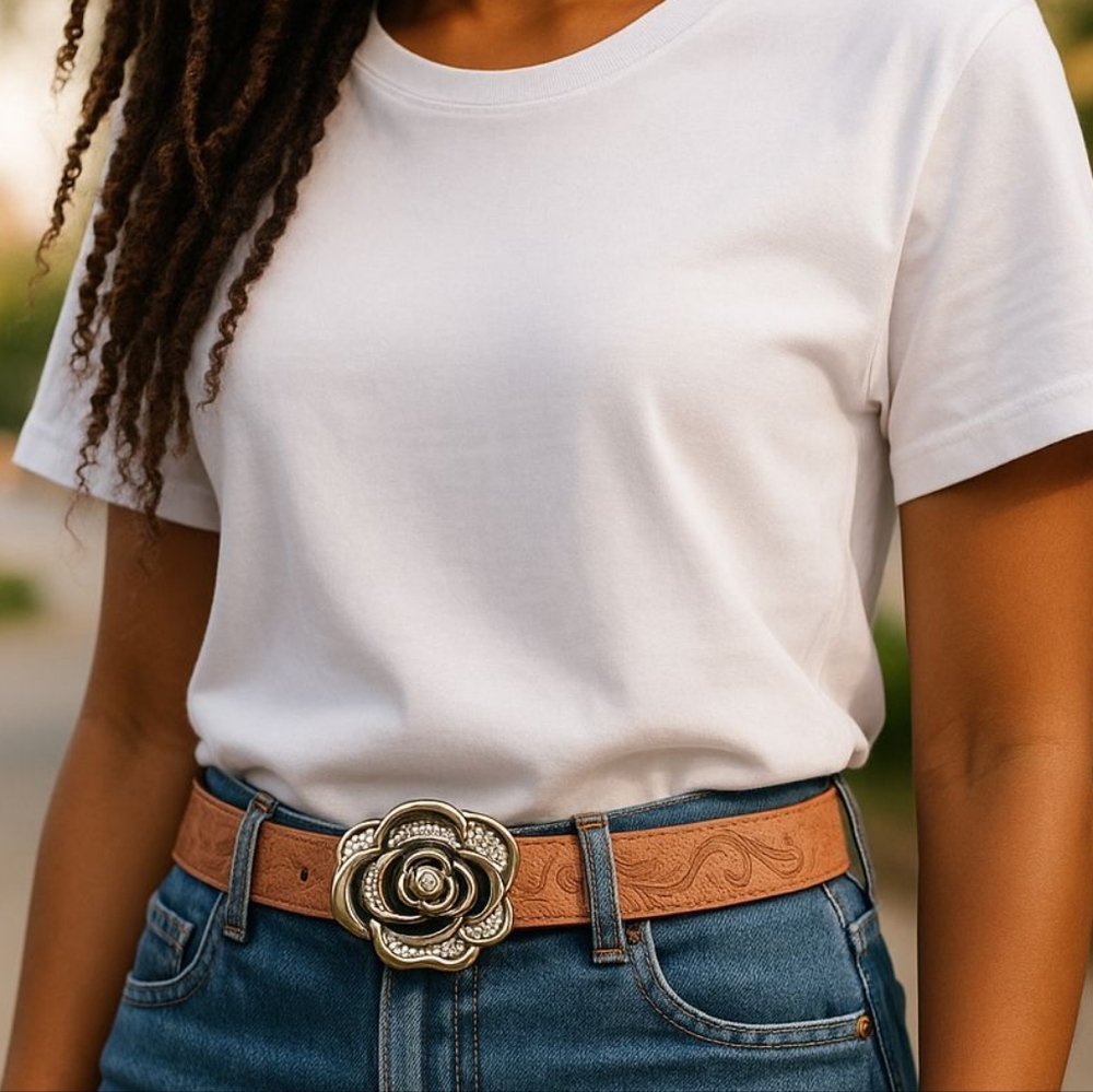 Size 17, Women's Elegant Brown Leather Belt with Gold Rose Bling Buckle